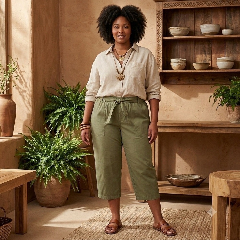 Wms Plus 3X Cropped Utility Pants Olive Green Paperbag Waist Gorpcore Utility